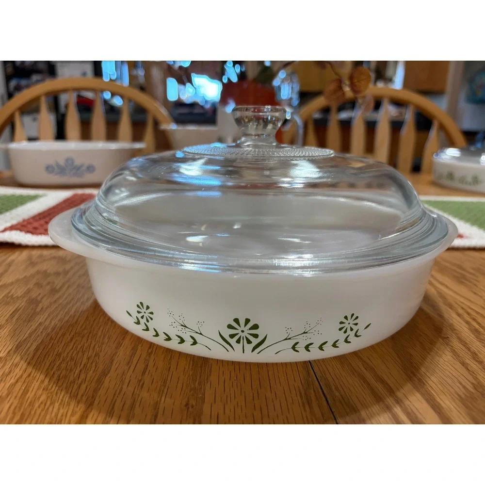 Glasbake Green Daisy Milk Glass Round Casserole Dish with Lid J2629 Vintage MCM